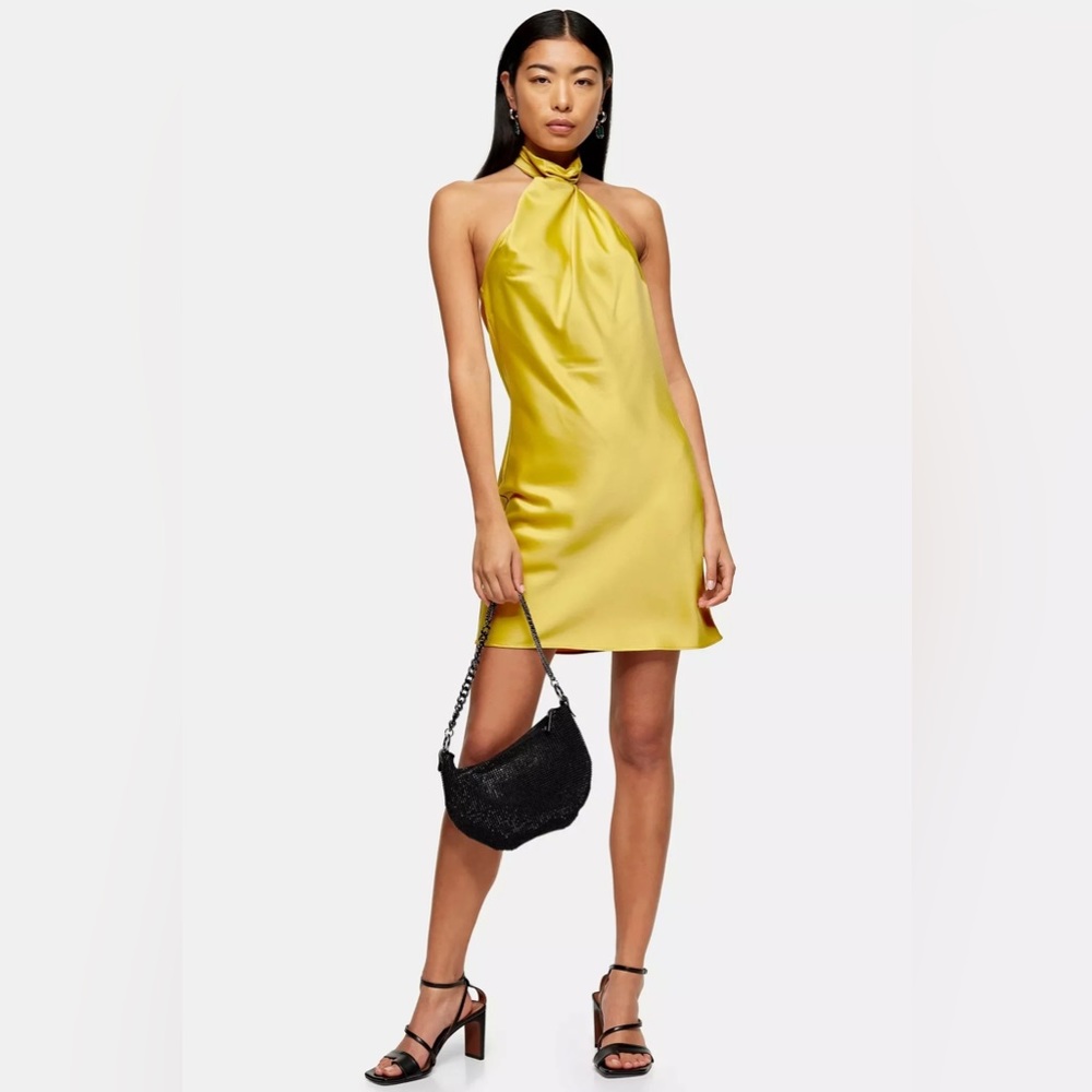 Topshop Mustard Satin Halter Neck Dress